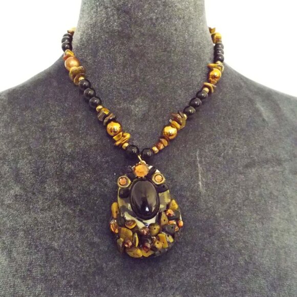 LAISE ADZER FAMOUS DESIGNER ONE OF A KIND UNIQUE TIGER EYE ONYX NECKLACE 63 - Picture 1 of 4